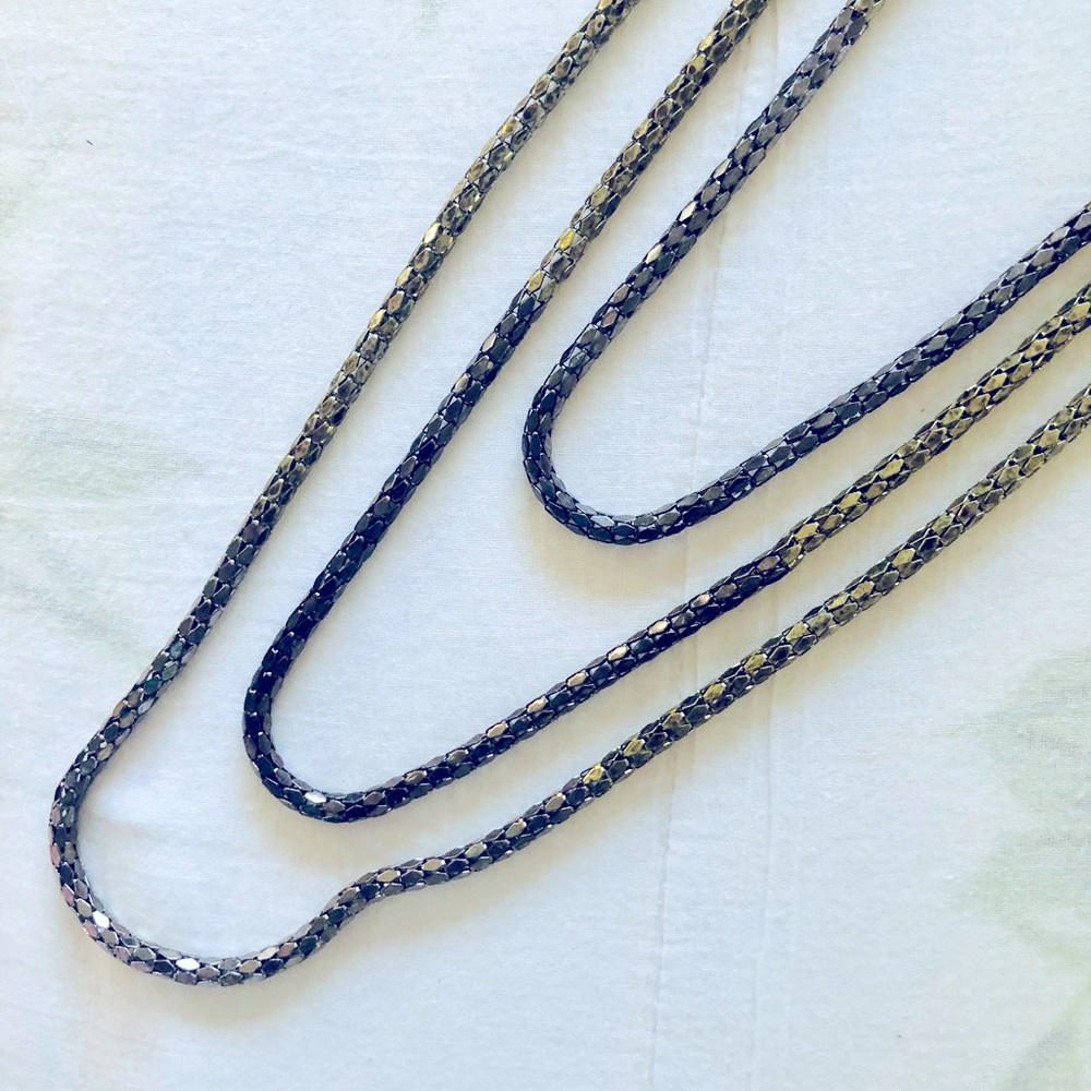 Three Strand Dynamite Necklace in Golden, Silver and Gunmetal Grey Shades - NWOT